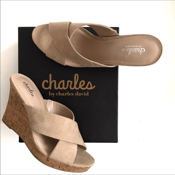 Charles David Latrice Cork Wedge Heel Nude Sandals - Picture 2 of 7